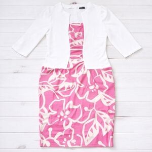 Izuria White Fuchsia Floral Color Block Half Sleeve Dress Large New Without Tags